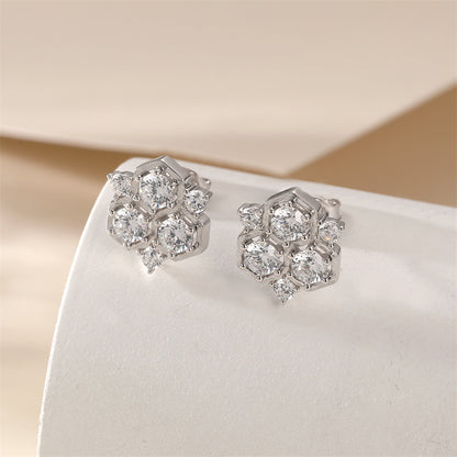 925 Sterling Silver Honeycomb Earrings for Women Geometric Hexagon Stud Earrings with Tassel White Gold Plated