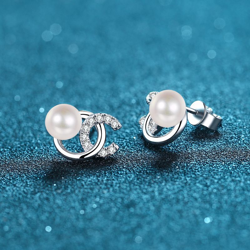 925 Sterling Silver Initial Stud Earrings - 0.18ct Moissanite & Flawless Freshwater Pearls