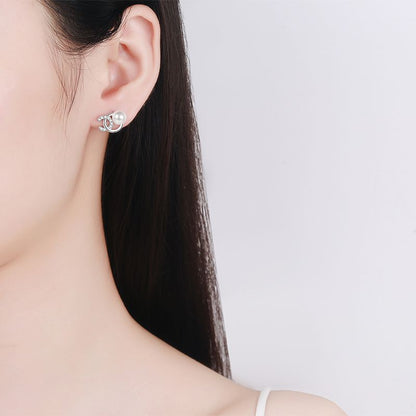 925 Sterling Silver Initial Stud Earrings - 0.18ct Moissanite & Flawless Freshwater Pearls