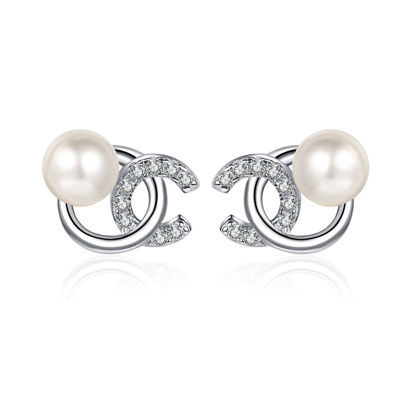 925 Sterling Silver Initial Stud Earrings - 0.18ct Moissanite & Flawless Freshwater Pearls