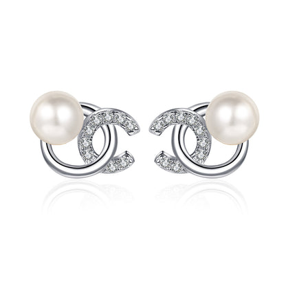 925 Sterling Silver Initial Stud Earrings - 0.18ct Moissanite & Flawless Freshwater Pearls