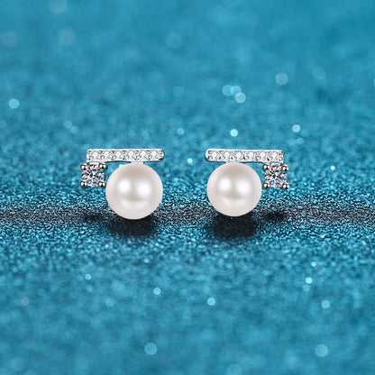 925 Sterling Silver Initial Stud Earrings - 0.22ct Moissanite & 6-7mm Pearls with Platinum Plating