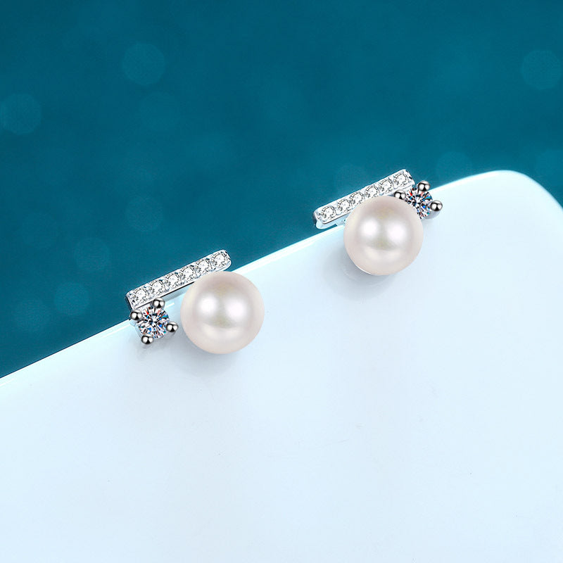 925 Sterling Silver Initial Stud Earrings - 0.22ct Moissanite & 6-7mm Pearls with Platinum Plating