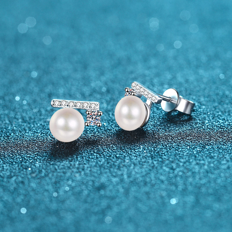 925 Sterling Silver Initial Stud Earrings - 0.22ct Moissanite & 6-7mm Pearls with Platinum Plating