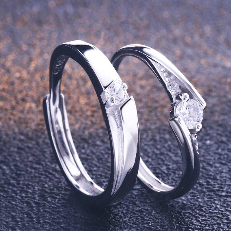 925 Sterling Silver Korean-Style Couple Rings - Adjustable Zircon Wedding Band Set
