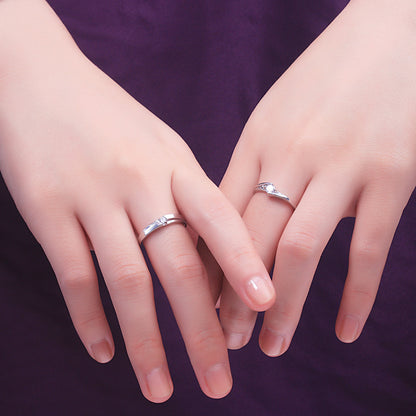 925 Sterling Silver Korean-Style Couple Rings - Adjustable Zircon Wedding Band Set