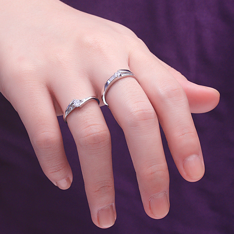 925 Sterling Silver Korean-Style Couple Rings - Adjustable Zircon Wedding Band Set