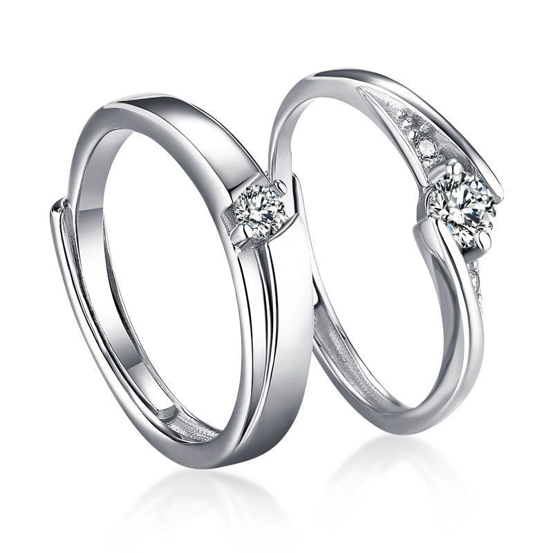 925 Sterling Silver Korean-Style Couple Rings - Adjustable Zircon Wedding Band Set