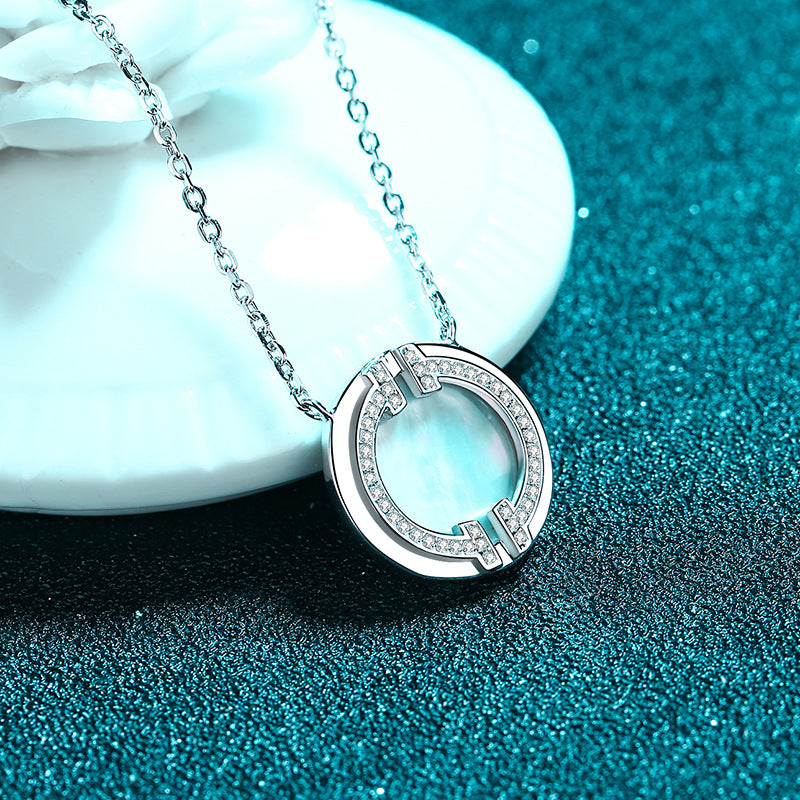 Multi-layer Geometric Shell Pendant Necklace for Women - 925 Silver with Moissanite & Mother of Pearl