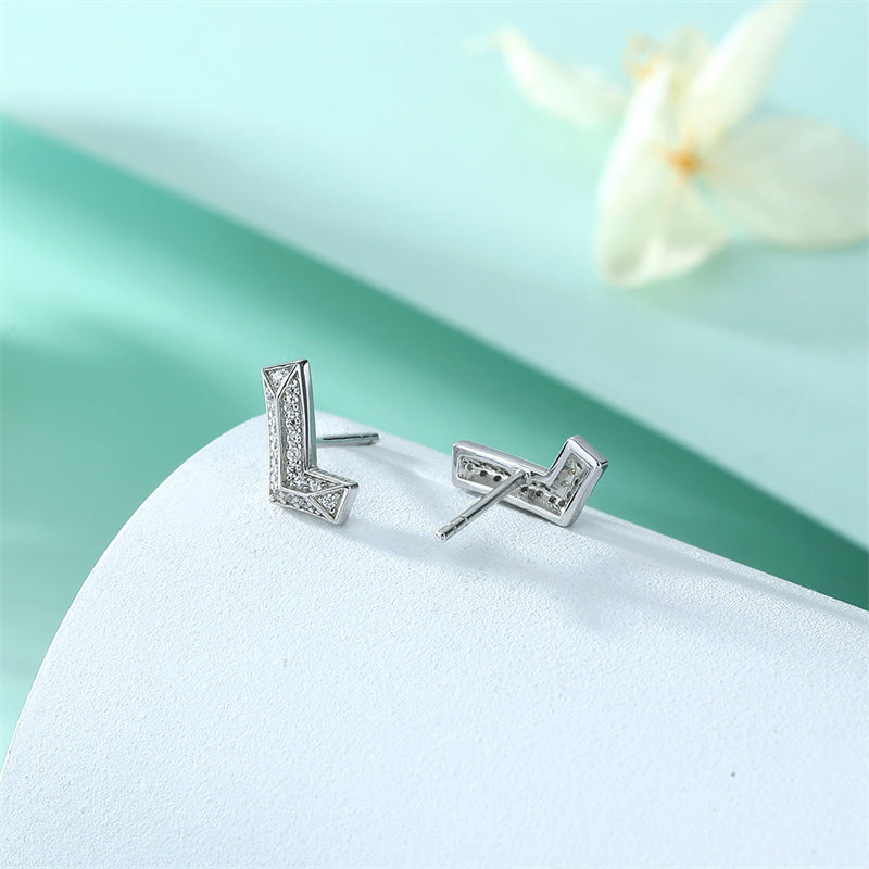 925 Sterling Silver L Letter Earrings for Women Minimalist Zircon Initial Studs White Gold Plated