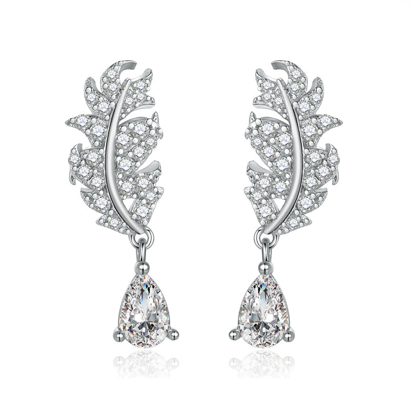 925 Sterling Silver Leaf Earrings for Women Elegant Teardrop Tassel Dangle Earrings White Gold Plated