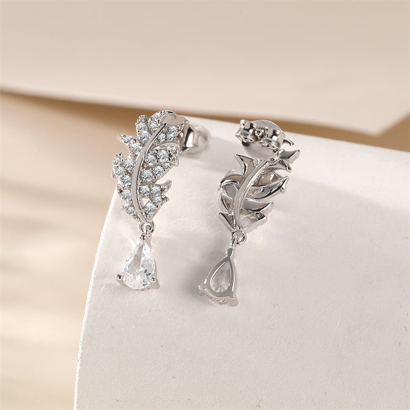 925 Sterling Silver Leaf Earrings for Women Elegant Teardrop Tassel Dangle Earrings White Gold Plated