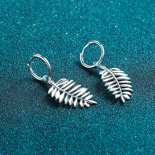 925 Sterling Silver Leaf Moissanite Huggie Hoop Earrings - Tribal Inspired Minimalist Jewelry