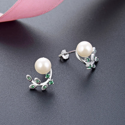 925 Sterling Silver Leaf Pearl Stud Earrings - Korean Style Shell Pearl Earrings with Plastic Backs