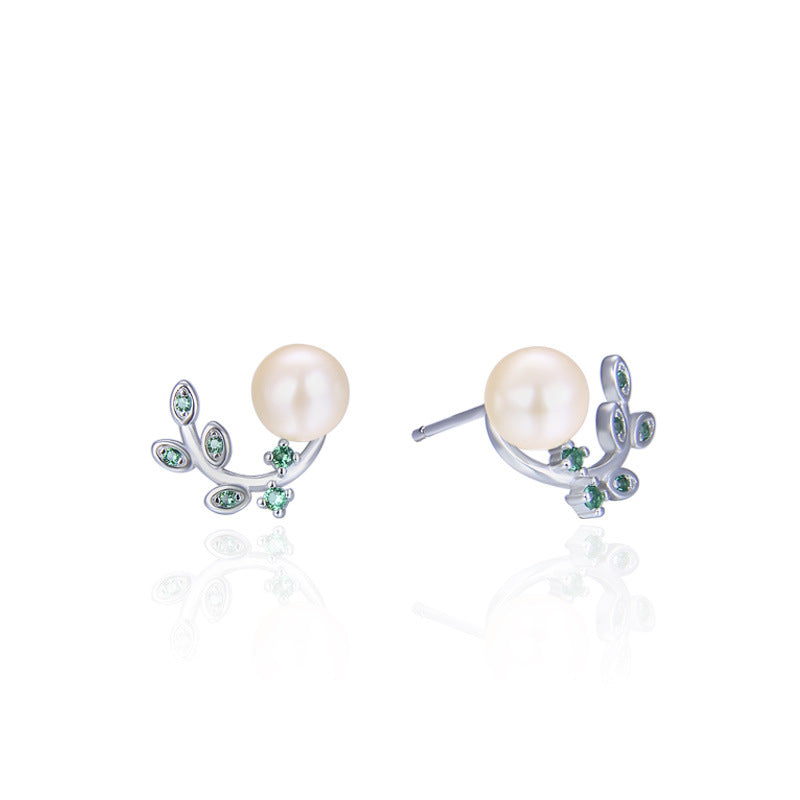 925 Sterling Silver Leaf Pearl Stud Earrings - Korean Style Shell Pearl Earrings with Plastic Backs