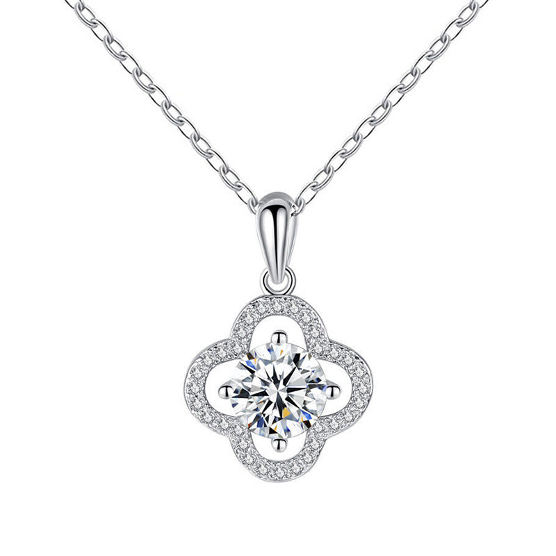 925 Sterling Silver Leaf Pendant Multi-Layer Necklace with 1ct or 2ct Moissanite Cross Chain Women's Floral Jewelry