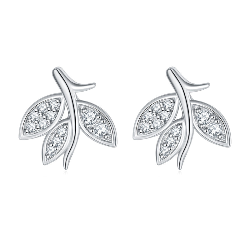 925 Sterling Silver Leaf Stud Earrings – Elegant Zircon Botanical Jewelry