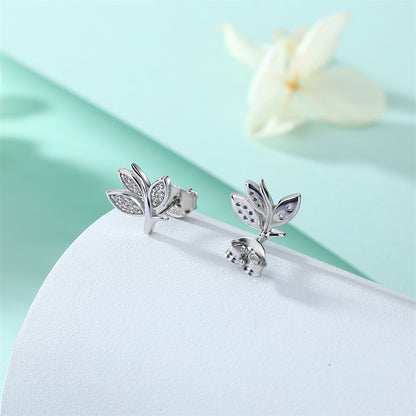 925 Sterling Silver Leaf Stud Earrings – Elegant Zircon Botanical Jewelry