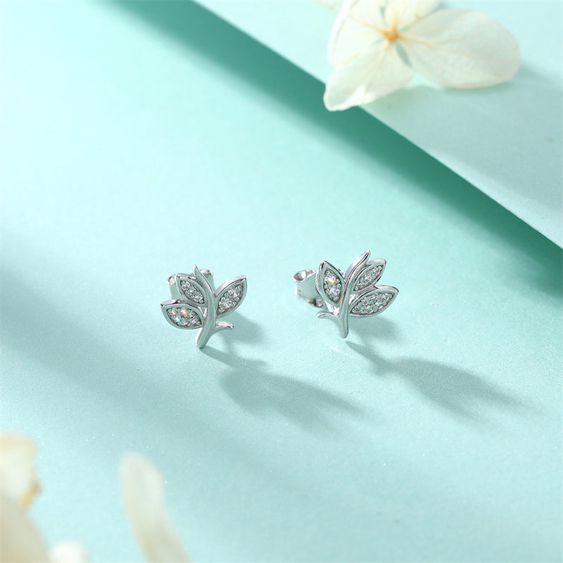925 Sterling Silver Leaf Stud Earrings – Elegant Zircon Botanical Jewelry