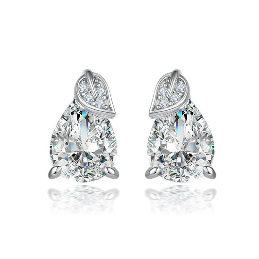 925 Sterling Silver Leaf Teardrop Earrings for Women Elegant Zircon Floral Stud Earrings White Gold Plated