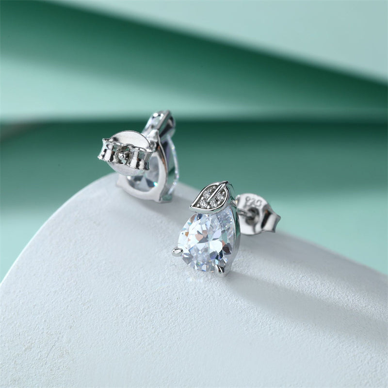 925 Sterling Silver Leaf Teardrop Earrings for Women Elegant Zircon Floral Stud Earrings White Gold Plated