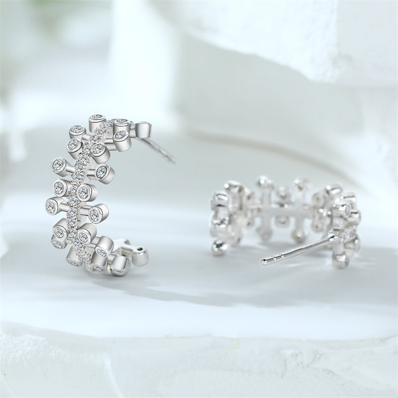 925 Sterling Silver Leaf U-Hoop Earrings – Elegant Zircon Pavé Half-Circle Earrings for Women