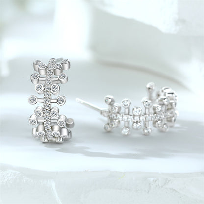925 Sterling Silver Leaf U-Hoop Earrings – Elegant Zircon Pavé Half-Circle Earrings for Women