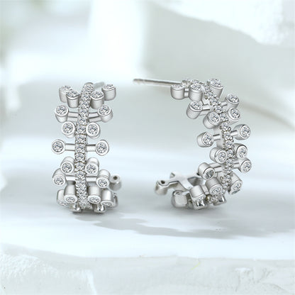 925 Sterling Silver Leaf U-Hoop Earrings – Elegant Zircon Pavé Half-Circle Earrings for Women