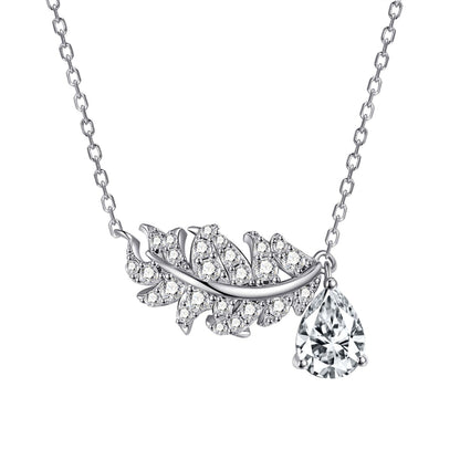 925 Sterling Silver Leaf & Teardrop Pendant Necklace - Nature-Inspired Zirconia Collarbone Chain