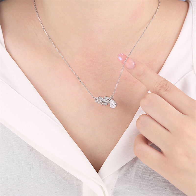 925 Sterling Silver Leaf & Teardrop Pendant Necklace - Nature-Inspired Zirconia Collarbone Chain