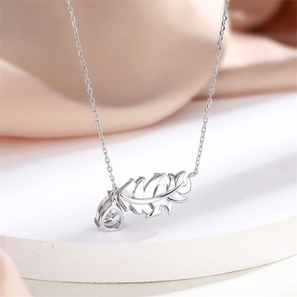 925 Sterling Silver Leaf & Teardrop Pendant Necklace - Nature-Inspired Zirconia Collarbone Chain