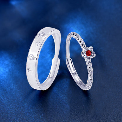 925 Sterling Silver Little Prince & Rose Couple Rings - Adjustable Cartoon-Inspired Matching Bands (Red/Zircon Options