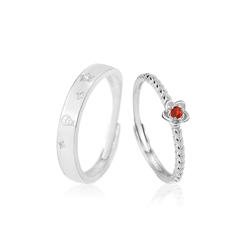 925 Sterling Silver Little Prince & Rose Couple Rings - Adjustable Cartoon-Inspired Matching Bands (Red/Zircon Options
