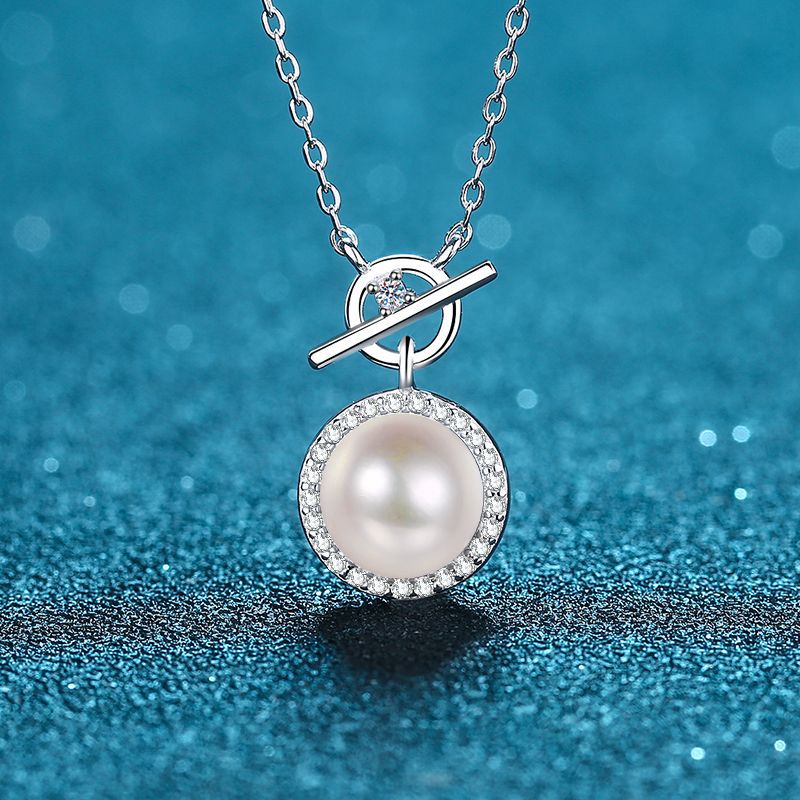 925 Sterling Silver Lock Pendant Necklace - 0.14CT Moissanite & 8mm Freshwater Pearl Chain