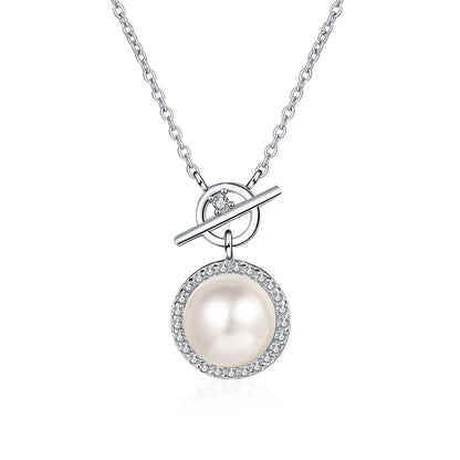 925 Sterling Silver Lock Pendant Necklace - 0.14CT Moissanite & 8mm Freshwater Pearl Chain