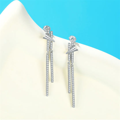 925 Sterling Silver Long Tassel Earrings for Women Elegant Dangle Earrings with Zircon Accents White Gold Plated