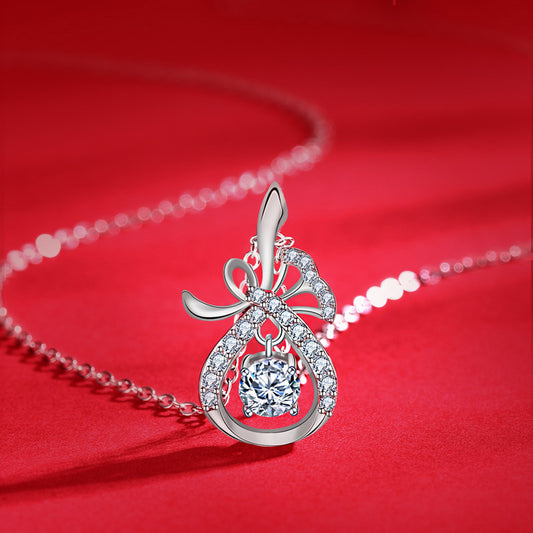 925 Sterling Silver Lucky Bag Pendant Necklace with 0.5ct Moissanite & Adjustable Cross Chain Chinese Inspired Elegant Jewelry