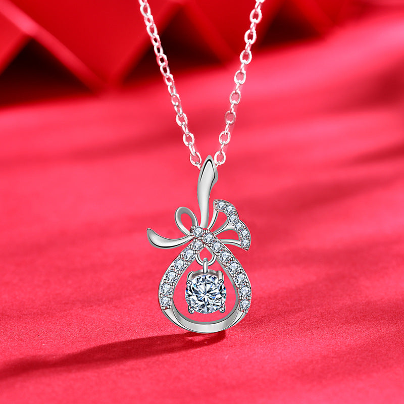 925 Sterling Silver Lucky Bag Pendant Necklace with 0.5ct Moissanite & Adjustable Cross Chain Chinese Inspired Elegant Jewelry
