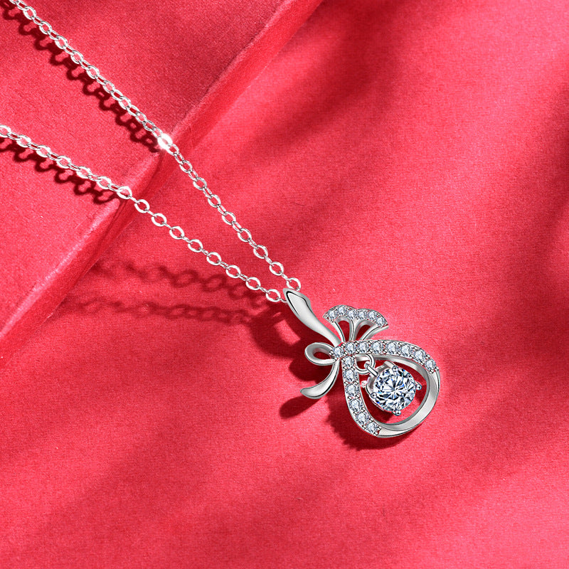 925 Sterling Silver Lucky Bag Pendant Necklace with 0.5ct Moissanite & Adjustable Cross Chain Chinese Inspired Elegant Jewelry