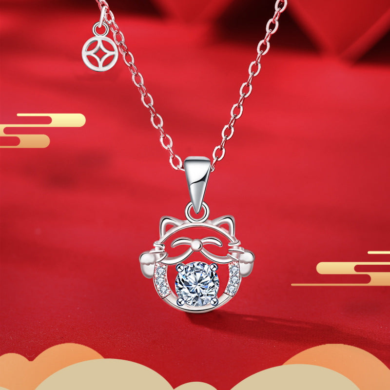 925 Sterling Silver Lucky Cat Pendant Necklace with 0.5ct Moissanite & Adjustable Cross Chain Original Asian Inspired Design