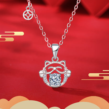 925 Sterling Silver Lucky Cat Pendant Necklace with 0.5ct Moissanite & Adjustable Cross Chain Original Asian Inspired Design