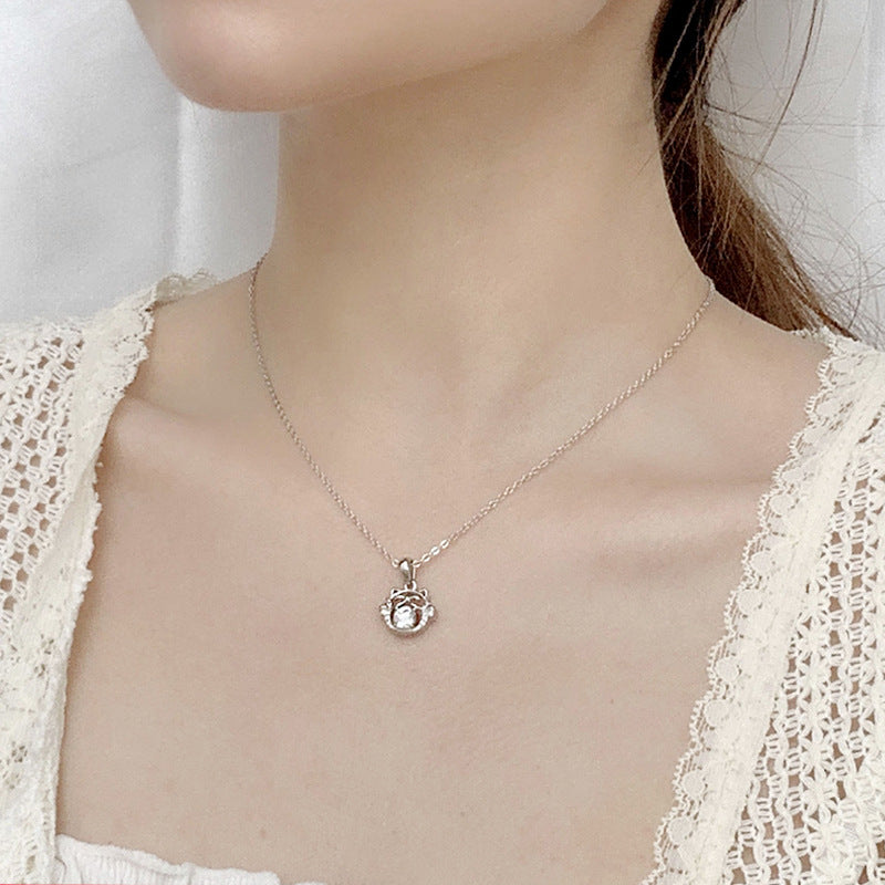 925 Sterling Silver Lucky Cat Pendant Necklace with 0.5ct Moissanite & Adjustable Cross Chain Original Asian Inspired Design
