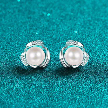 925 Sterling Silver Lucky Toad Stud Earrings - 0.12ct Moissanite & 8mm Pearls with Platinum Plating