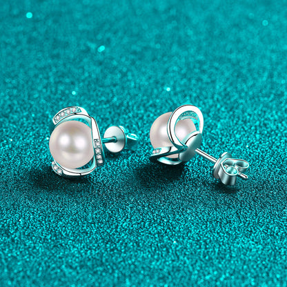925 Sterling Silver Lucky Toad Stud Earrings - 0.12ct Moissanite & 8mm Pearls with Platinum Plating