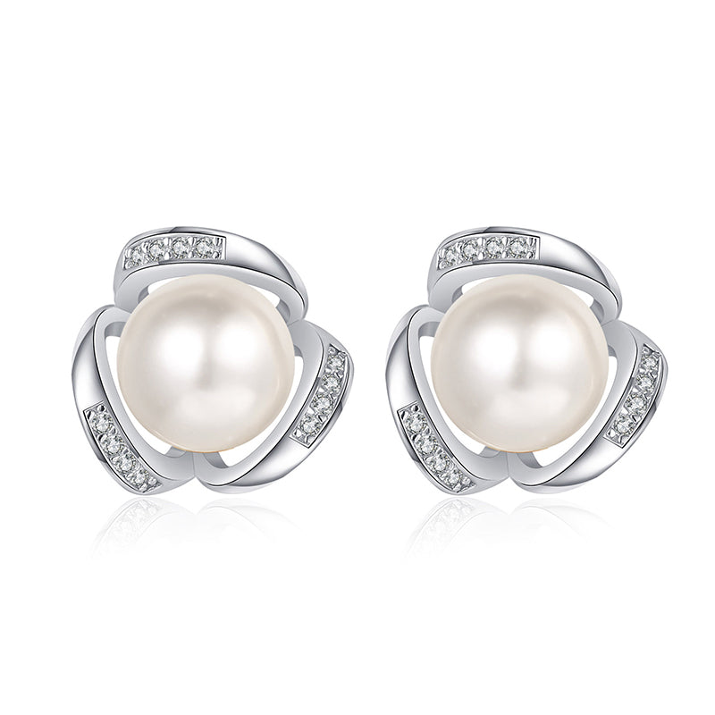 925 Sterling Silver Lucky Toad Stud Earrings - 0.12ct Moissanite & 8mm Pearls with Platinum Plating