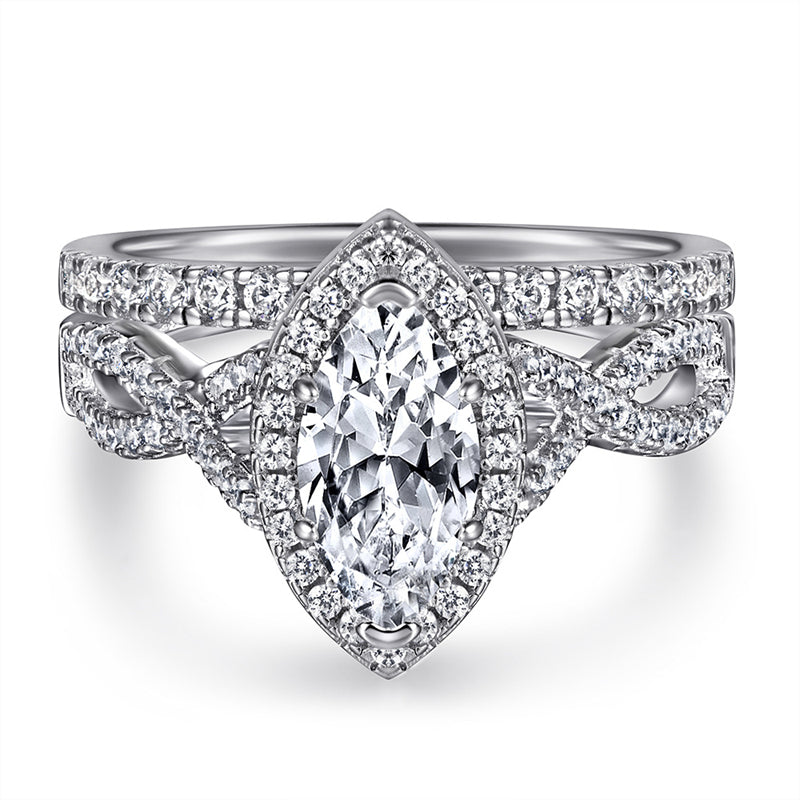 925 Sterling Silver Marquise Cut Zircon Ring Set – Stackable Geometric Wedding Band Collection