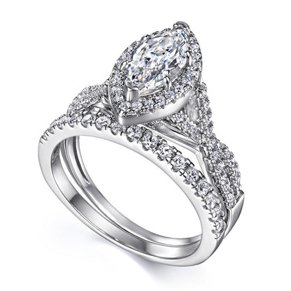 925 Sterling Silver Marquise Cut Zircon Ring Set – Stackable Geometric Wedding Band Collection