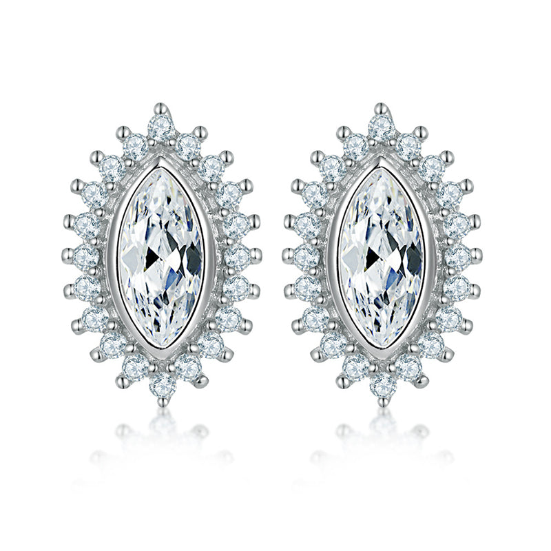 925 Sterling Silver Marquise Sunflower Stud Earrings – Vintage Crown Design with Geometric Edge