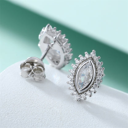 925 Sterling Silver Marquise Sunflower Stud Earrings – Vintage Crown Design with Geometric Edge