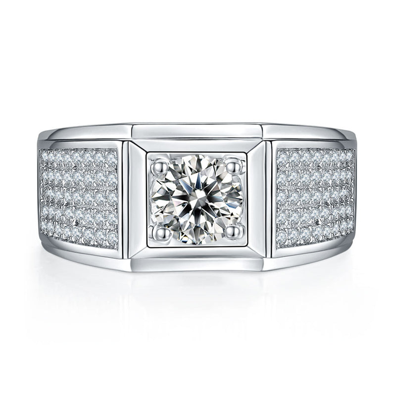 925 Sterling Silver Men's Moissanite Ring - Diamond-Simulated Wedding Band (White Gold Plated)